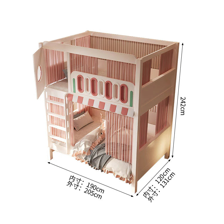 二段ベッド　キッズベッド　子供部屋用家具　木製二段ベッド　お城デザイン　落下防止設計　滑り止め加工ハシゴ　安定感のある構造　無垢材製ハシゴ　ホワイト　フェアリーテイルテイスト　SCC-S078
