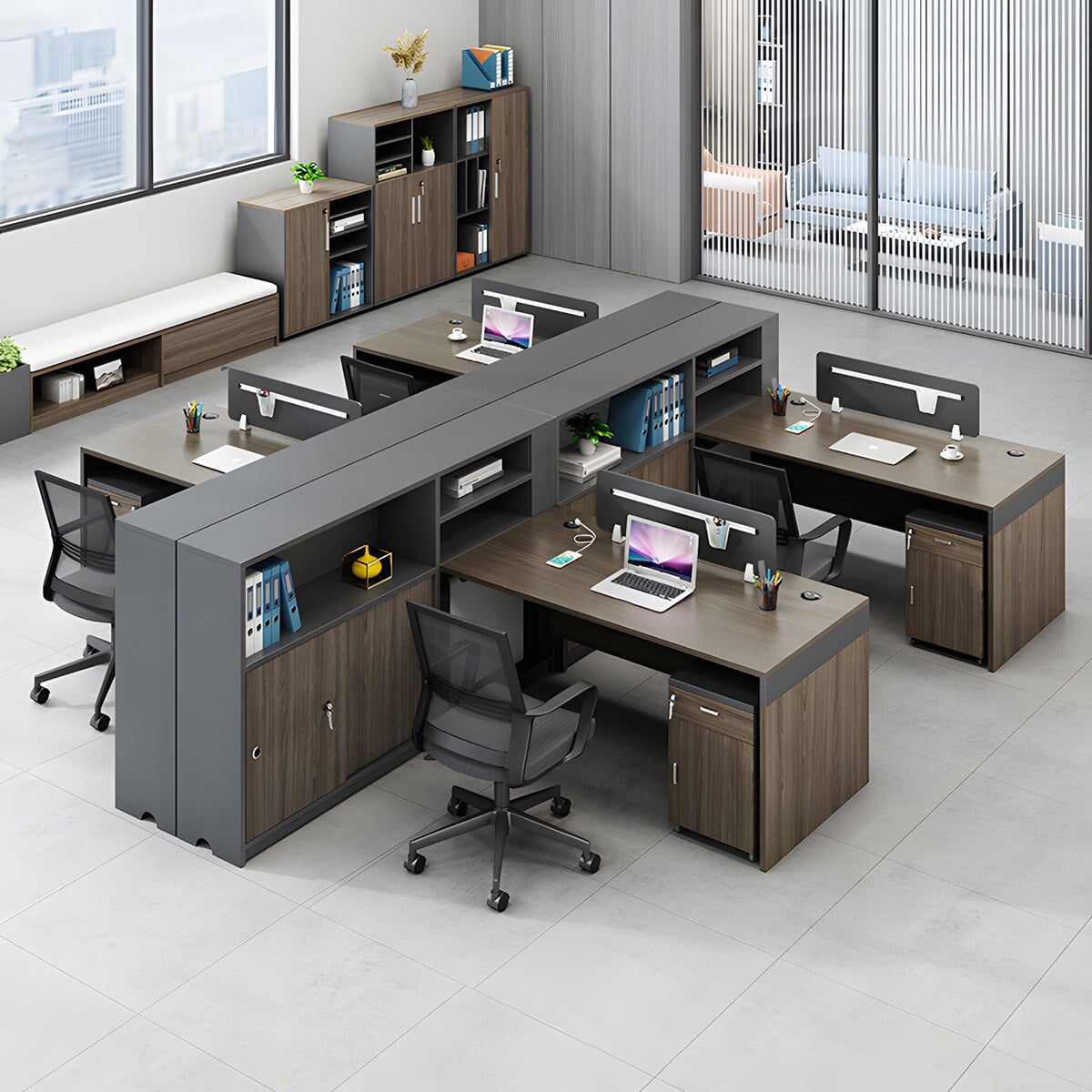 エコ板材　耐久性　広い天板　ゆとり　デスクトップパネル　サイド収納棚　大容量　分類収納　デスク　オフィスデスク　木目調　落ち着き　機能性　グレー　ホワイト　カスタマイズ可能　BGZ-K-211