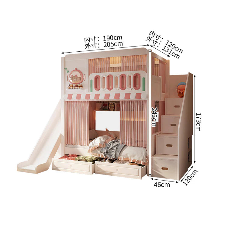 二段ベッド　キッズベッド　子供部屋用家具　木製二段ベッド　お城デザイン　落下防止設計　滑り止め加工ハシゴ　安定感のある構造　無垢材製ハシゴ　ホワイト　フェアリーテイルテイスト　SCC-S078