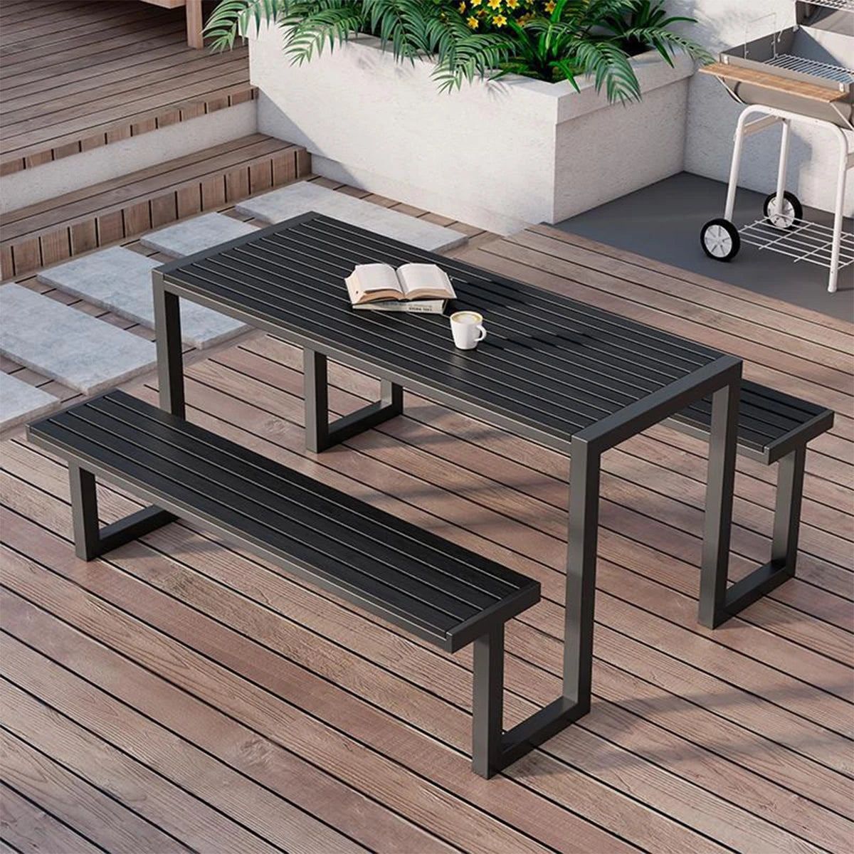 アウトドアテーブルチェアセット　ガーデン家具　アルミ合金製　カフェ・テラス用家具　高耐久屋外セット　防腐　アルミ合金フレーム　耐候性抜群　お手入れ簡単　ブラック　シンプル　カスタマイズ可能　HWZY-K010