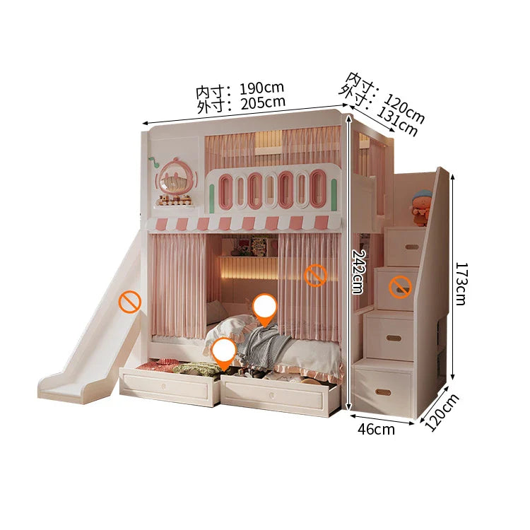 二段ベッド　キッズベッド　子供部屋用家具　木製二段ベッド　お城デザイン　落下防止設計　滑り止め加工ハシゴ　安定感のある構造　無垢材製ハシゴ　ホワイト　フェアリーテイルテイスト　SCC-S078