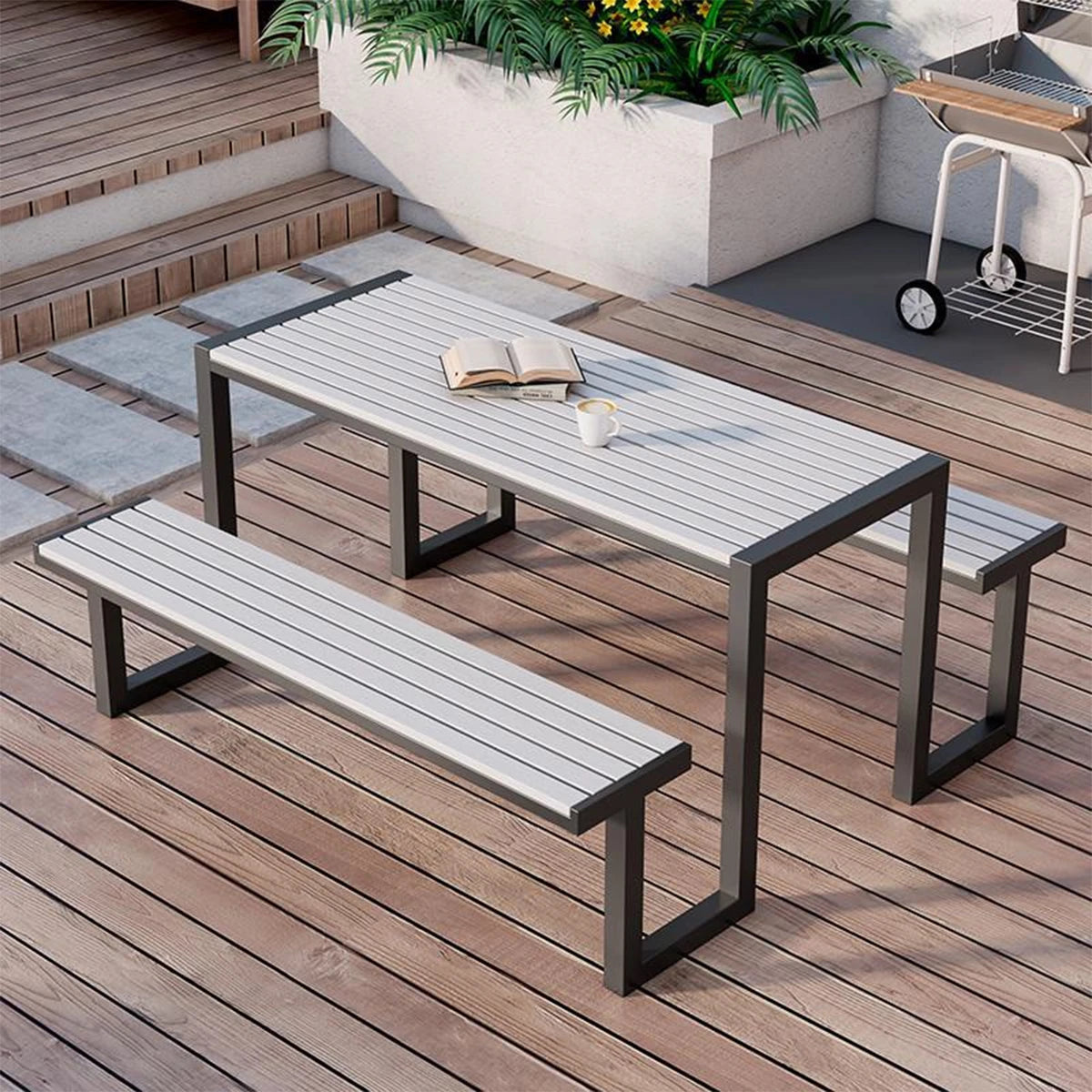 アウトドアテーブルチェアセット　ガーデン家具　アルミ合金製　カフェ・テラス用家具　高耐久屋外セット　防腐　アルミ合金フレーム　耐候性抜群　お手入れ簡単　ブラック　シンプル　カスタマイズ可能　HWZY-K010