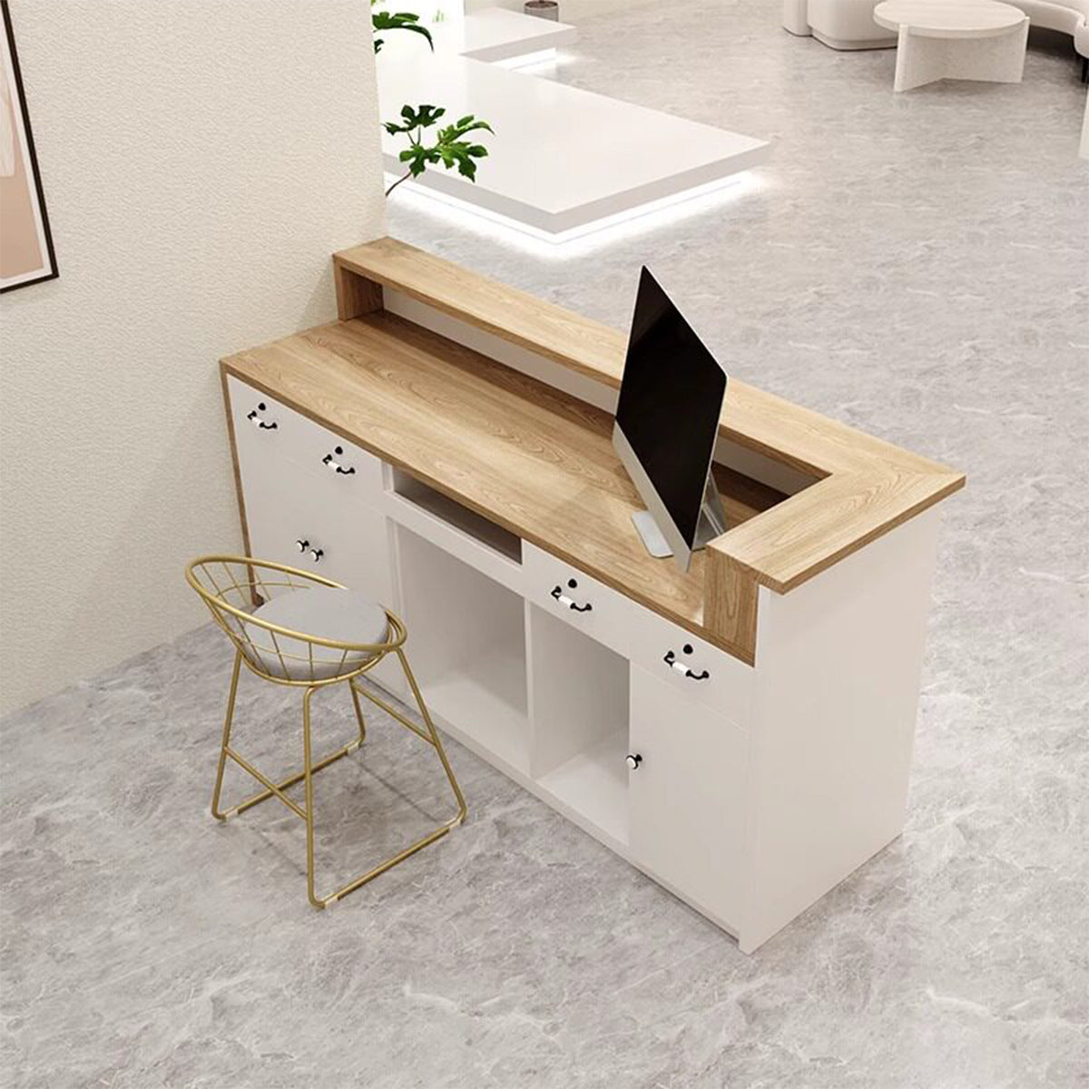 受付カウンター　レジカウンター　受付台　店舗カウンター　エコ素材　Ｒ加工　引き出し付き　収納スペース　厚い天板　木製　ホワイト　カスタマイズ可能　JDT-K118