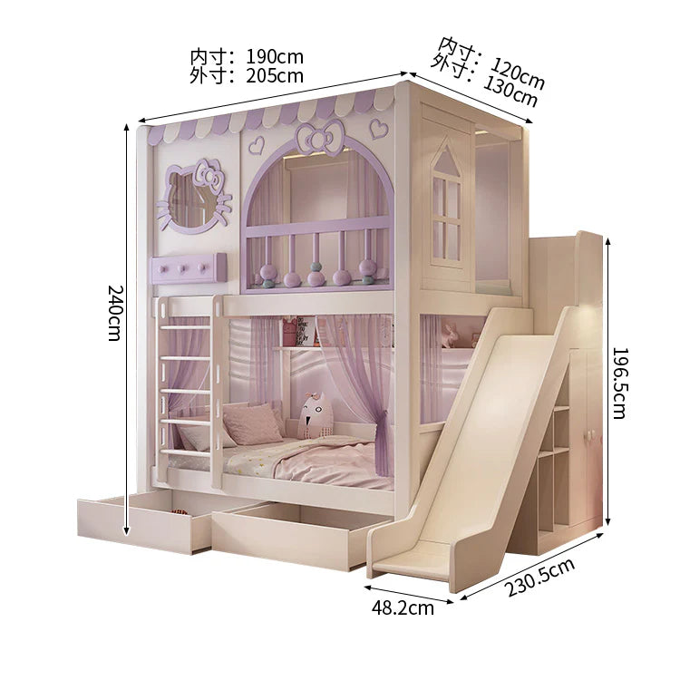 二段ベッド　キッズベッド　無垢材ベッド　安全設計二段ベッド　子供部屋用ベッド　厚手無垢材フレーム　環境配慮型水性塗料　収納棚・引き出し付き　滑り台付き　ピンク　シンプル　SCC-C104
