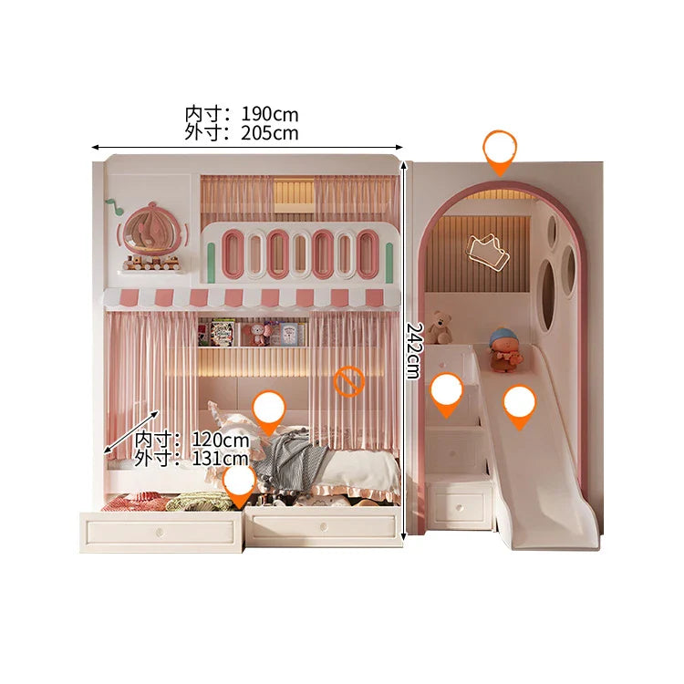 二段ベッド　キッズベッド　子供部屋用家具　木製二段ベッド　お城デザイン　落下防止設計　滑り止め加工ハシゴ　安定感のある構造　無垢材製ハシゴ　ホワイト　フェアリーテイルテイスト　SCC-S078