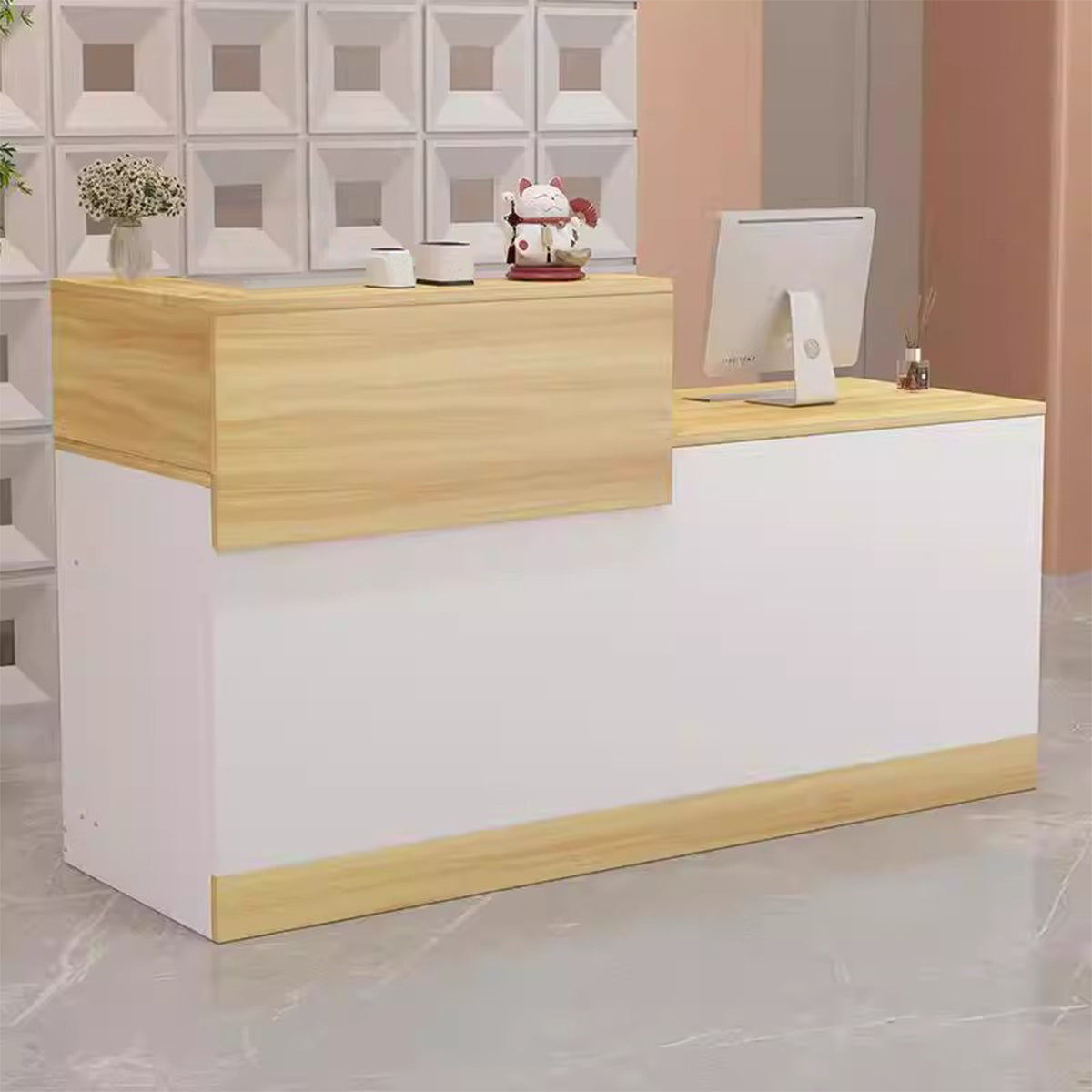 受付カウンター　レジカウンター　店舗カウンター　応接カウンター　事務受付台　店舗用　厚い板材　キャビネット付き　オープンスライドレール　大容量収納　ホワイト　カスタマイズ可能　JDT-K114