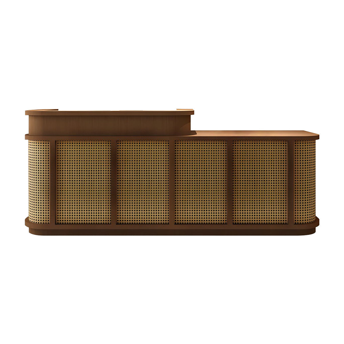 レセプションカウンター　受付カウンター　藤編みデザイン　木製フレーム　L 字型カウンター　角丸デザイン　店舗用レジ台　サロン受付台　ナチュラルモダン　カフェ・美容院対応　カスタマイズ可能　JDT-K141
