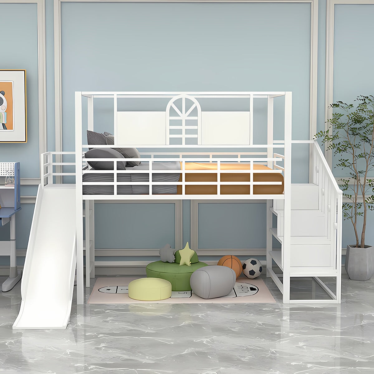 ２段ベッド　多機能　ロフトベッド　滑り台　ステップ　金属　落下防止　ガード　ベッド下収納 遊び場　おしゃれ　ブラック　ホワイト　カスタマイズ可能　SCC-M014