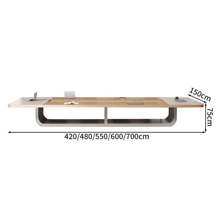 メラミン化粧板　分厚い板材　Ｒ仕上げ　Ｕ字型構造　安定性　重厚感　配線ボックス　テーブル　会議テーブル　木目調　上品さ　落ち着き　カスタマイズ可能　ナチュラル　HYZ-K-083　kaguaysu