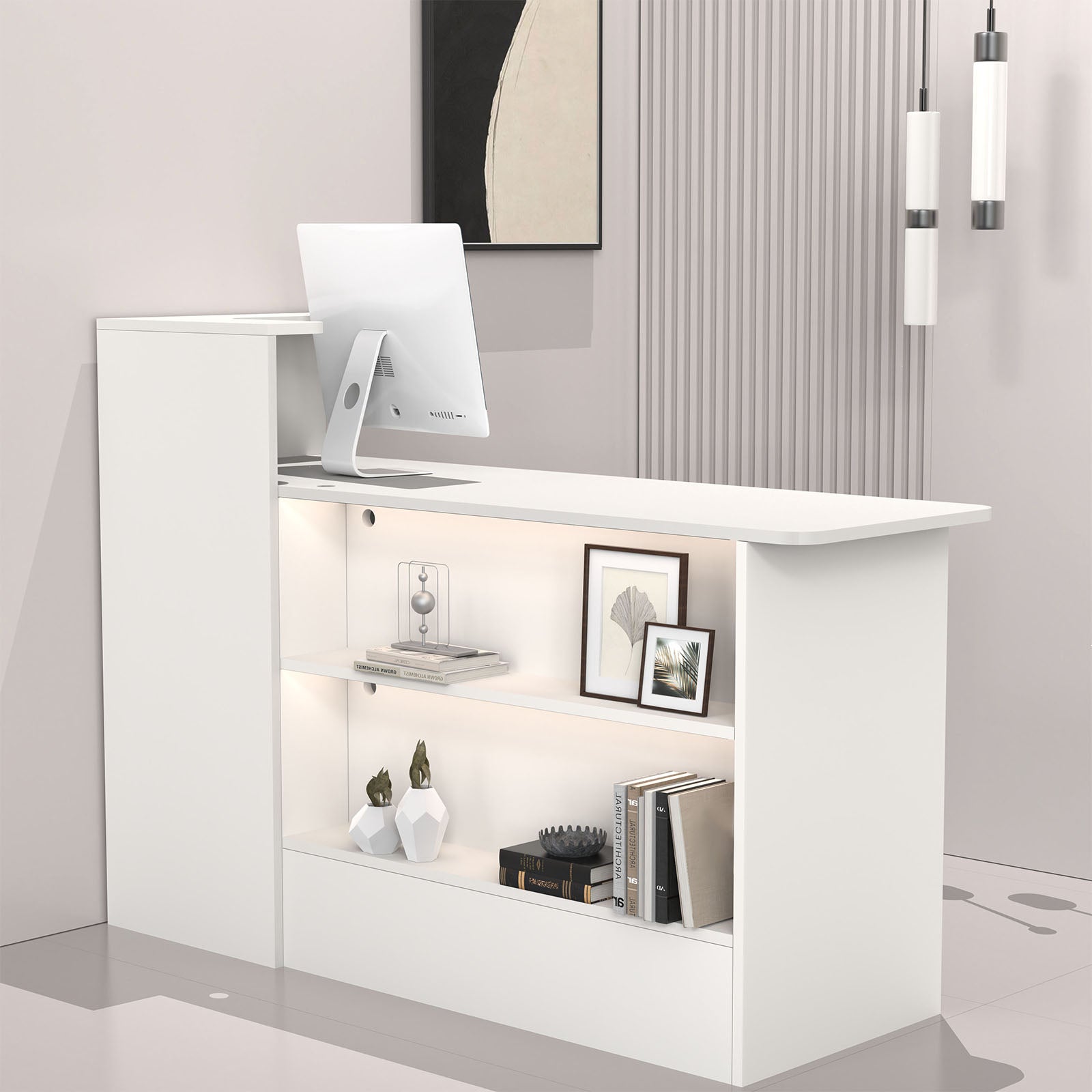 ホワイト カウンターテーブル オープンシェルフ カウンター 受付カウンター オープン収納 大容量 分類収納 おしゃれ