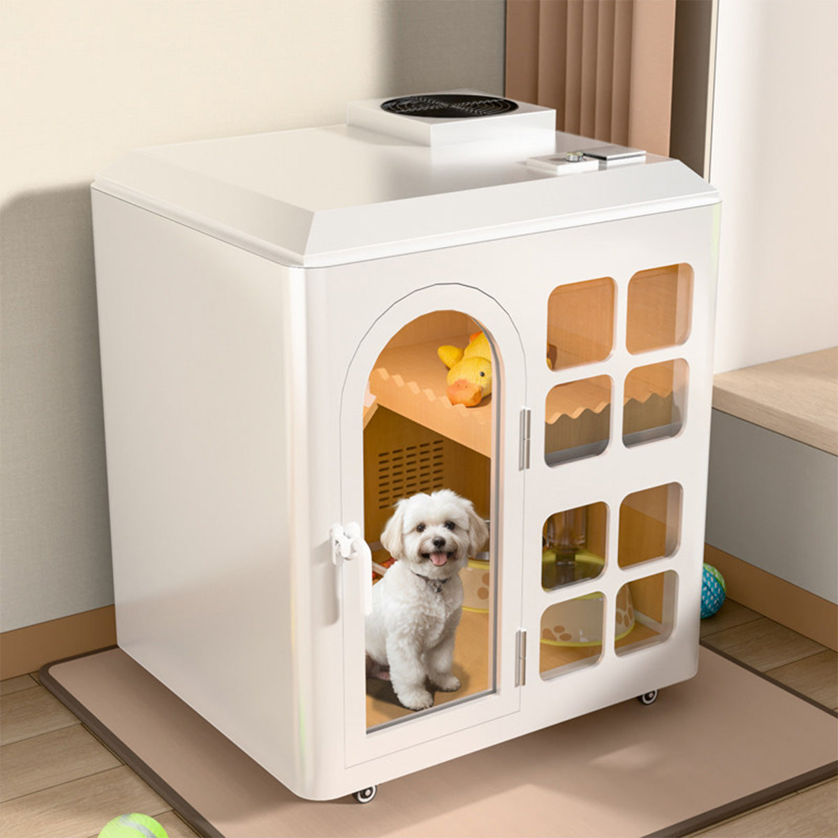 犬用防音ケージ　ペット防音ブース　犬用遮音ハウス　ペット静音ケース　防音素材　通気システム　エリア分け　厚板板金　シンプル　ホワイト　カスタマイズ可能　JYC-K013