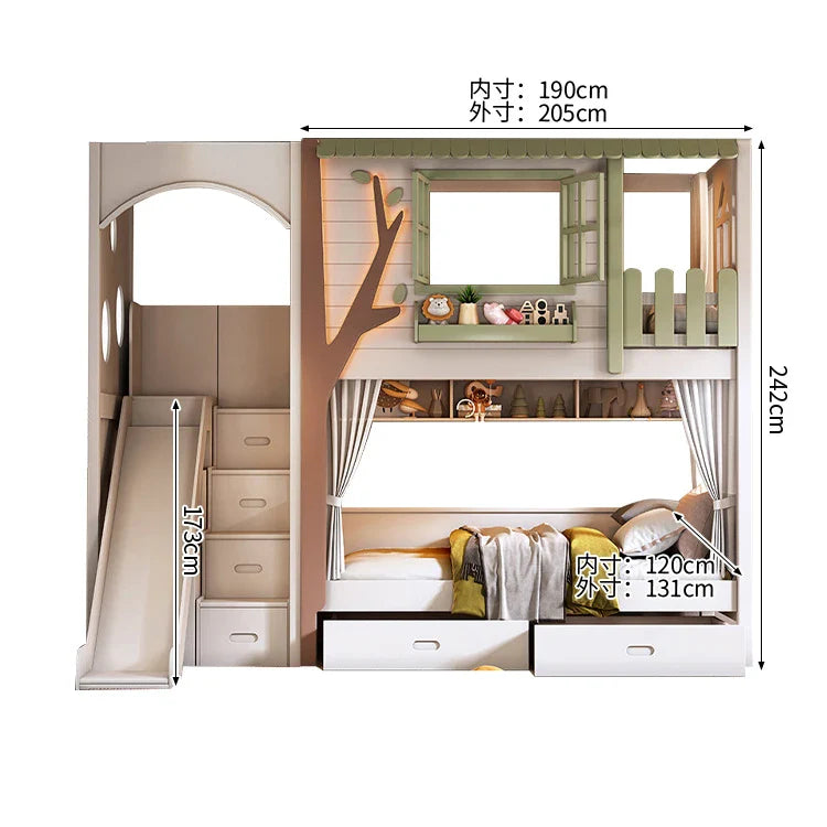 二段ベッド　キッズベッド　木製二段ベッド　子供部屋用家具　ツリーハウスデザイン　厚手マツ無垢床板　落下防止全方位保護　高い耐荷重　ホワイト　SCC-S079
