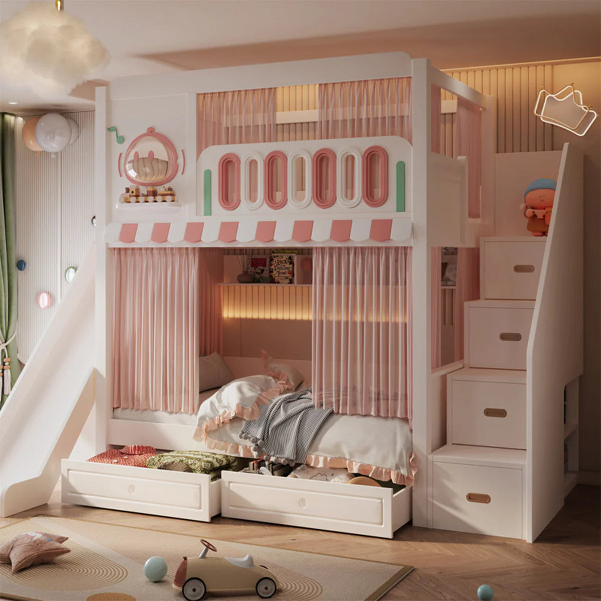 二段ベッド　キッズベッド　子供部屋用家具　木製二段ベッド　お城デザイン　落下防止設計　滑り止め加工ハシゴ　安定感のある構造　無垢材製ハシゴ　ホワイト　フェアリーテイルテイスト　SCC-S078