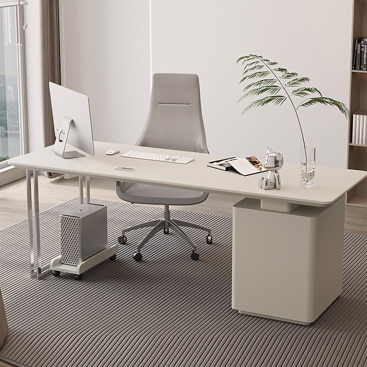 エグゼクティブデスク　ワークデスク　オフィスチェア　焼付塗装　R仕上げ　引き出し付き　PCカート付き　シンプル　ホワイト　カスタマイズ可能　LBZ-062　kaguyasu