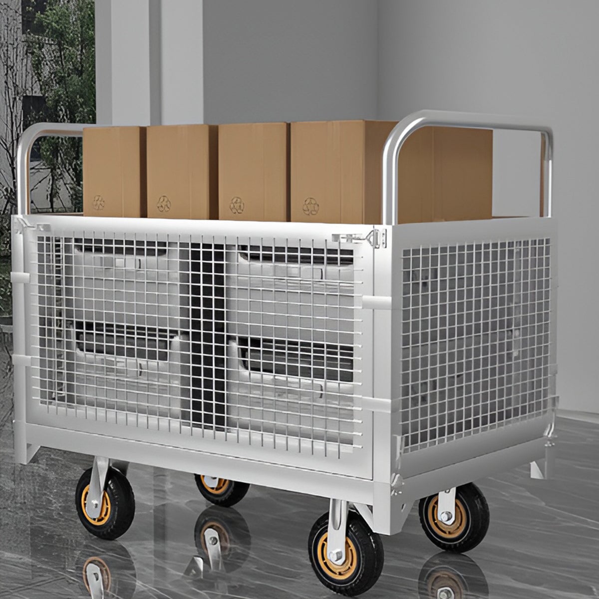 スチール製　頑丈　耐荷重　四面囲い　ガード　取り外し可能　キャスター付き　台車　カゴ付き台車　荷車　耐久性　大容量　実用　WLC-K018