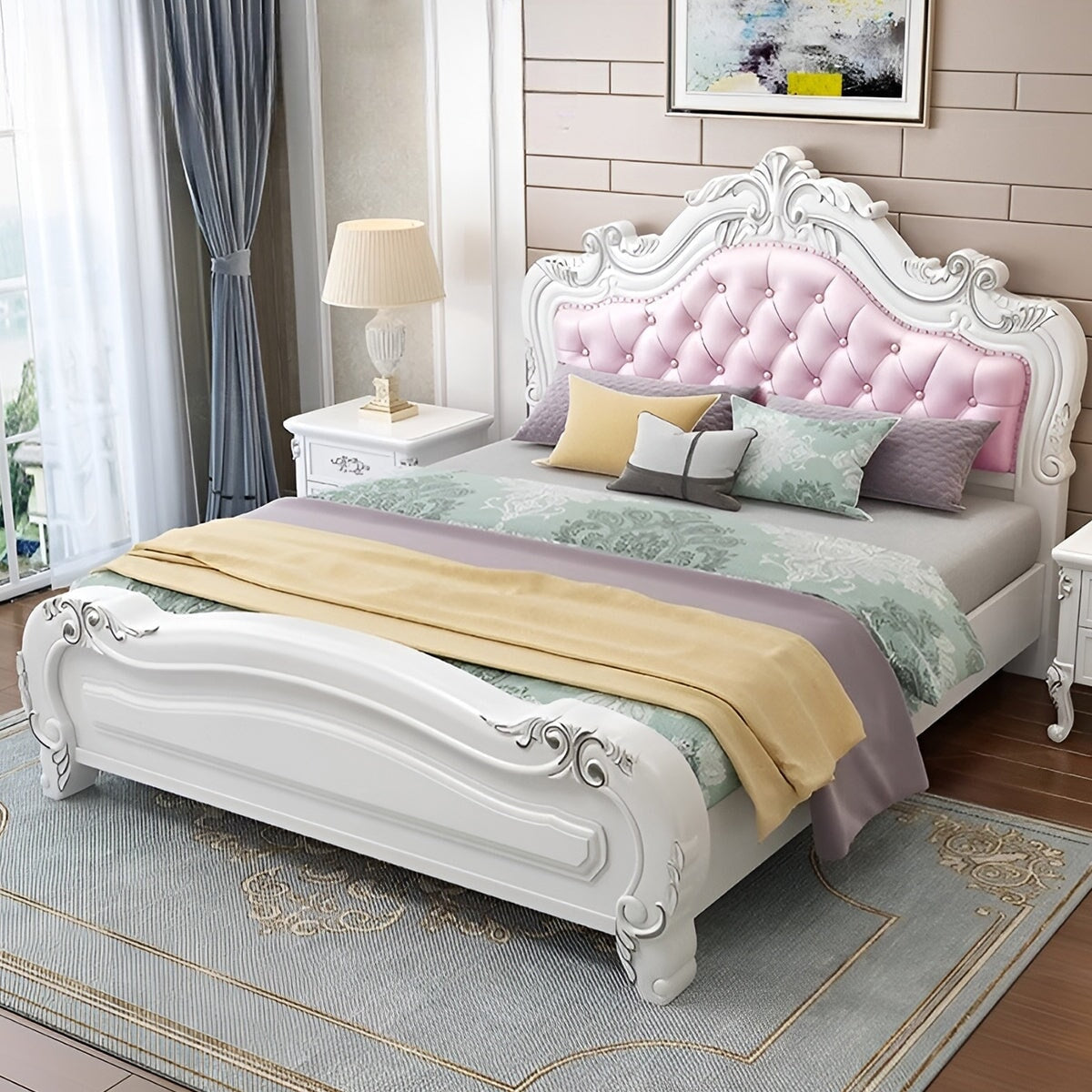 ヨーロッパ風　本革　無垢材　エンボス　ダブル　ビッグサイズ　収納　新婚用　ベッド　BED-K-059   kaguyasu