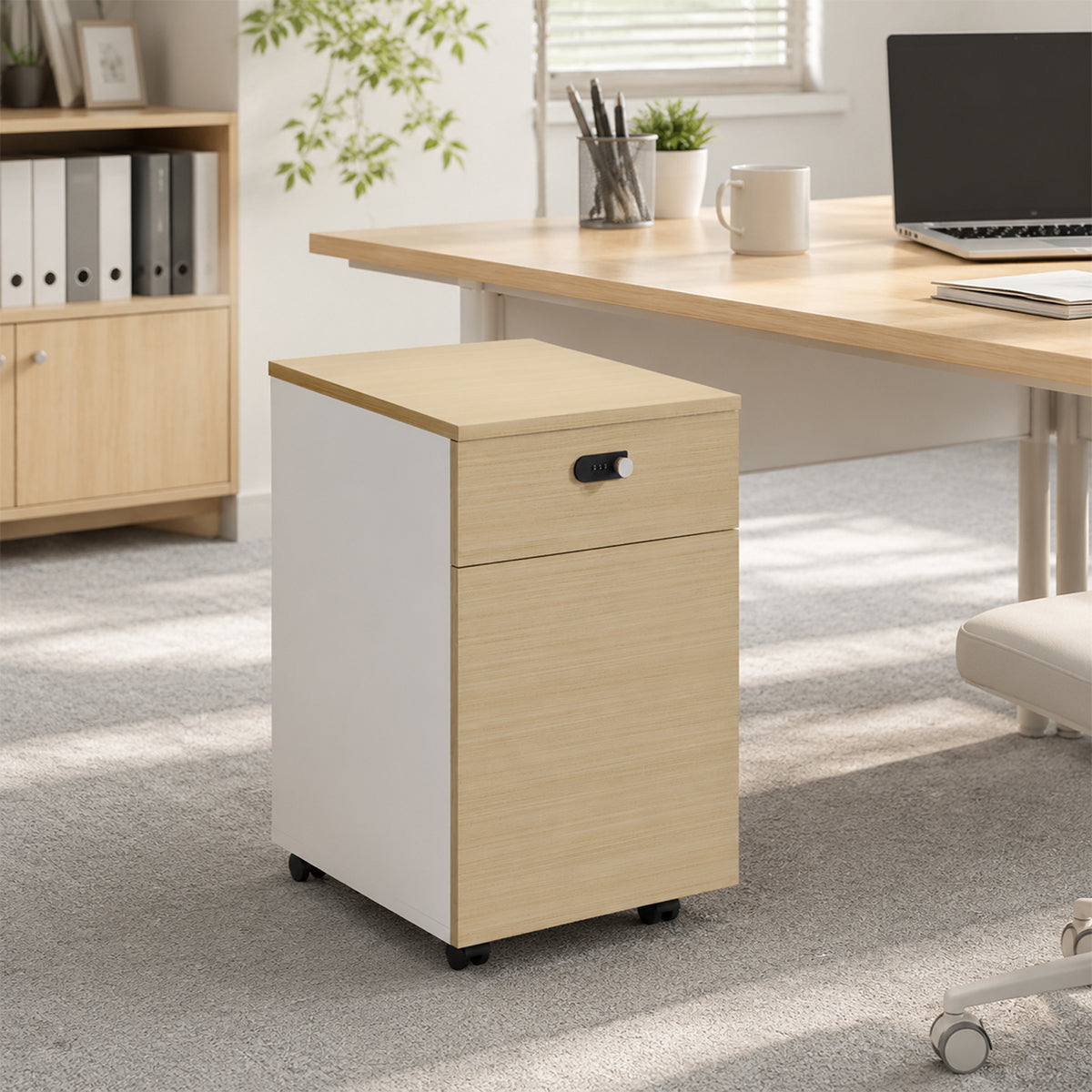 デスクワゴン　キャビネット　オフィスキャビネット　収納キャビネット　移動式収納庫　事務用　デスク横収納　キャスター付き　移動簡単　スムーズ移動　引き出し収納　省スペース　シンプル　おしゃれ　高品質　ホワイト　ライトウッド　BGG-00DMT-T003