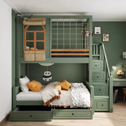 二段ベッド　子供用ベッド　収納付きベッド　木製ベッド　大容量収納　安全性設計　収納引き出し付き　ナチュラルウッド　シンプル　グリーン　SCC-S070