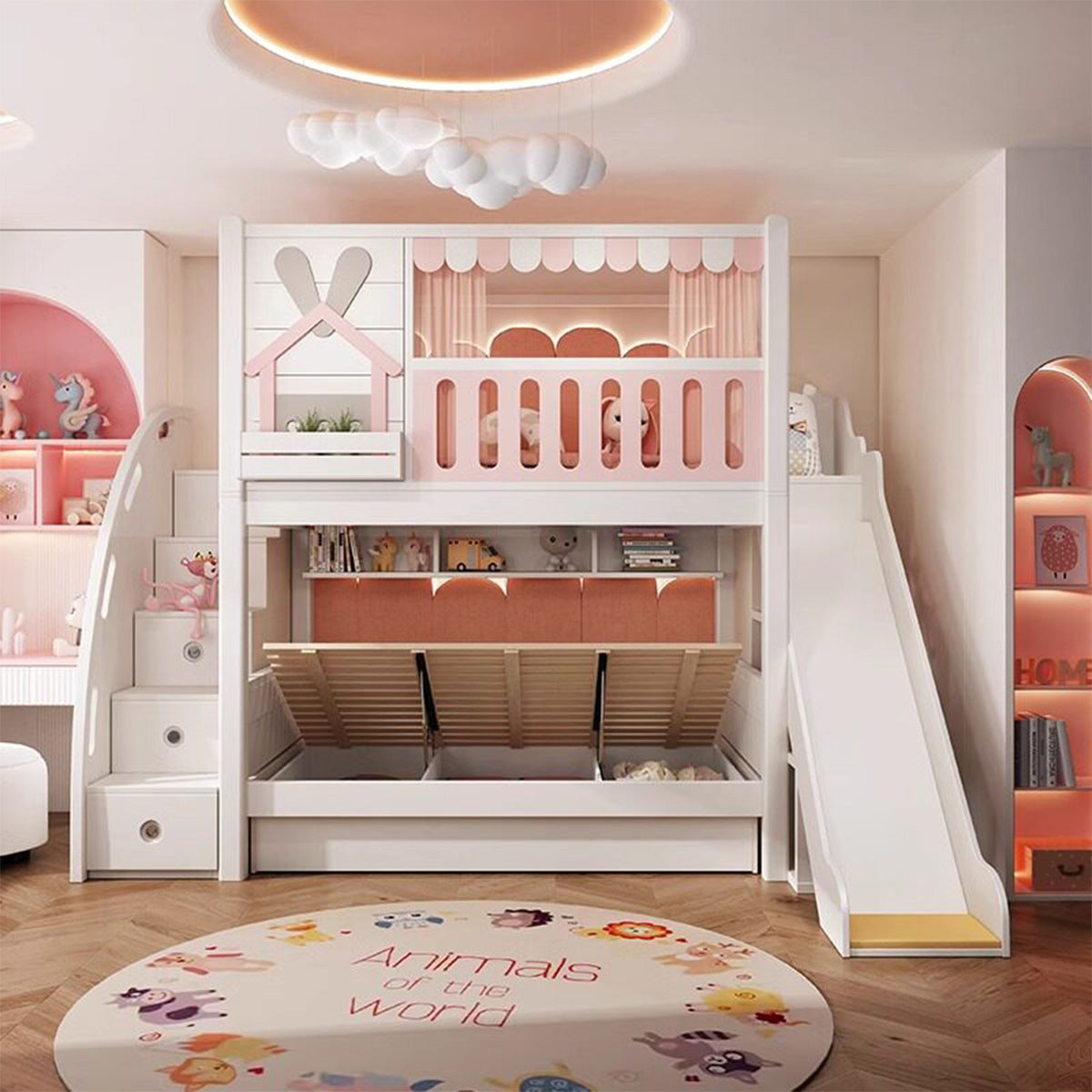 二段ベッド　子供用ベッド　木製ベッド　キッズベッド　木製ベッド　全周式安全棚　収納ブックシェルフ付き　安全性抜群　シンプル　ナチュラルウッド　SCC-S069
