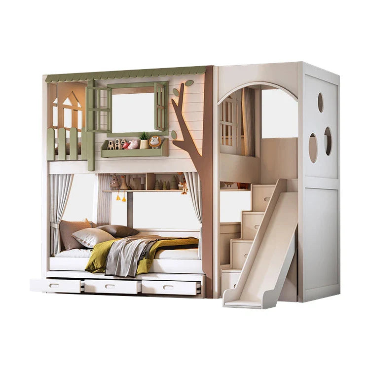 二段ベッド　キッズベッド　木製二段ベッド　子供部屋用家具　ツリーハウスデザイン　厚手マツ無垢床板　落下防止全方位保護　高い耐荷重　ホワイト　SCC-S079