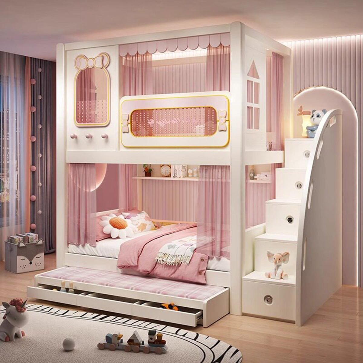 二段ベッド　キッズベッド　収納付き二段ベッド　子供部屋用ベッド　全周式安全栅　落下防止設計　収納スペース付き　モダンキッズデザイン　ホワイト　SCC-S072