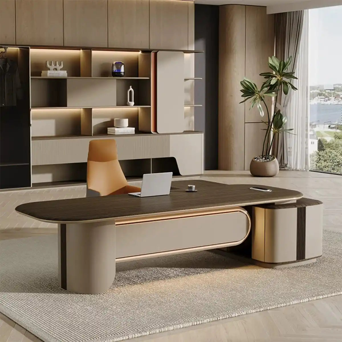 社長デスク　役員デスク　広々快適作業台　隠し配線ボックス　木目天板　角丸設計　繊維板　大容量サイドキャビネット　カスタマイズ可能　LBZ-S097