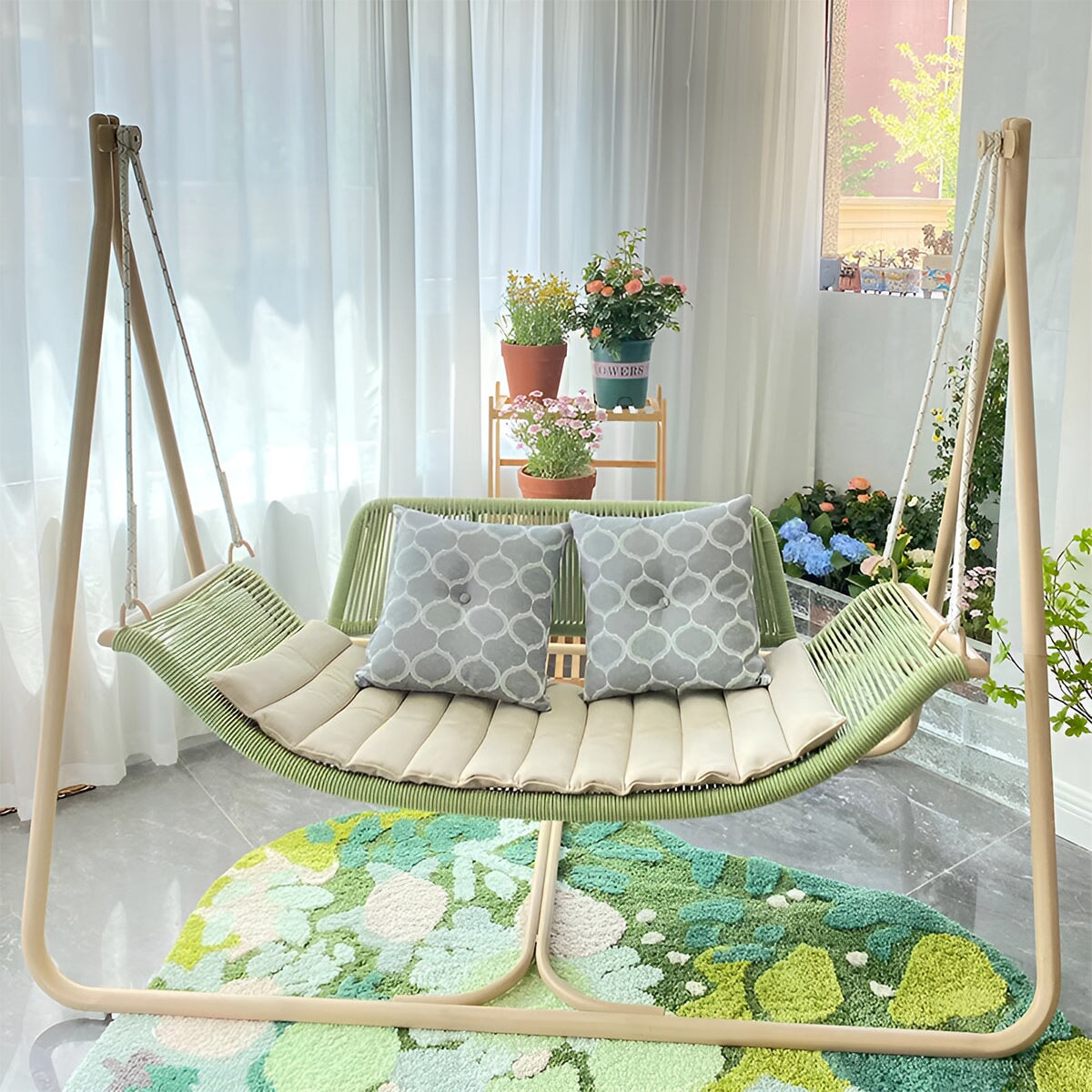 ハンモック　ハンモックチェア　ブランコ　ガーデンブランコ　自立式　ベンチ　屋外　アウトドア　藤　ラタン　滑り止め　三角構造　おしゃれ　KAGUYASU