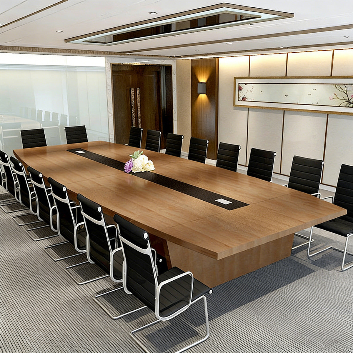分厚い天板　配線ボックス　幅広　舟型天板　台形脚　安定性　会議テーブル　ミーティングテーブル　テーブル　木目調　自然な風合い　洗練　シンプル 　カスタマイズ可能　HYZ-C041　