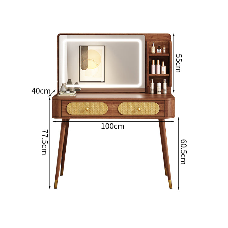鏡　LEDライト　3段階調光　エコ板材　アイアン脚　安定性　引き出し　収納ラック　木目調　ドレッサー　化粧台　デスク　落ち着き　機能性　使い勝手　ウォールナット　HZT-K034