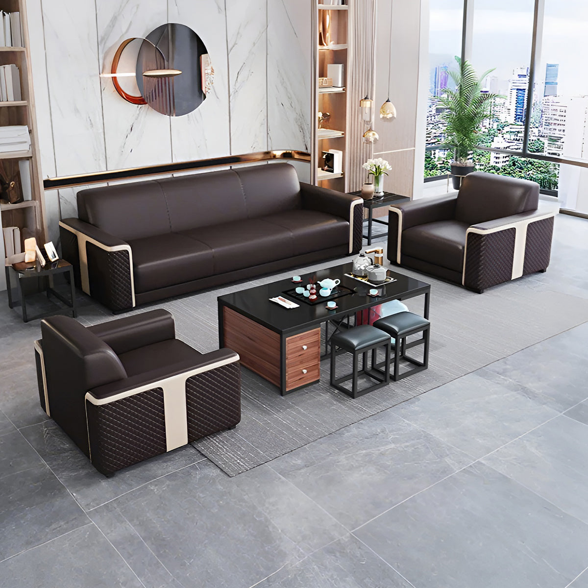 ビニールレザー　肘掛け　人間工学　フィット感　高反発ウレタン　柔らか　天然木フレーム　安定性　応接ソファ　ソファ　モダン　上質　エレガント　ブラック　カスタマイズ可能　JDSF-K026