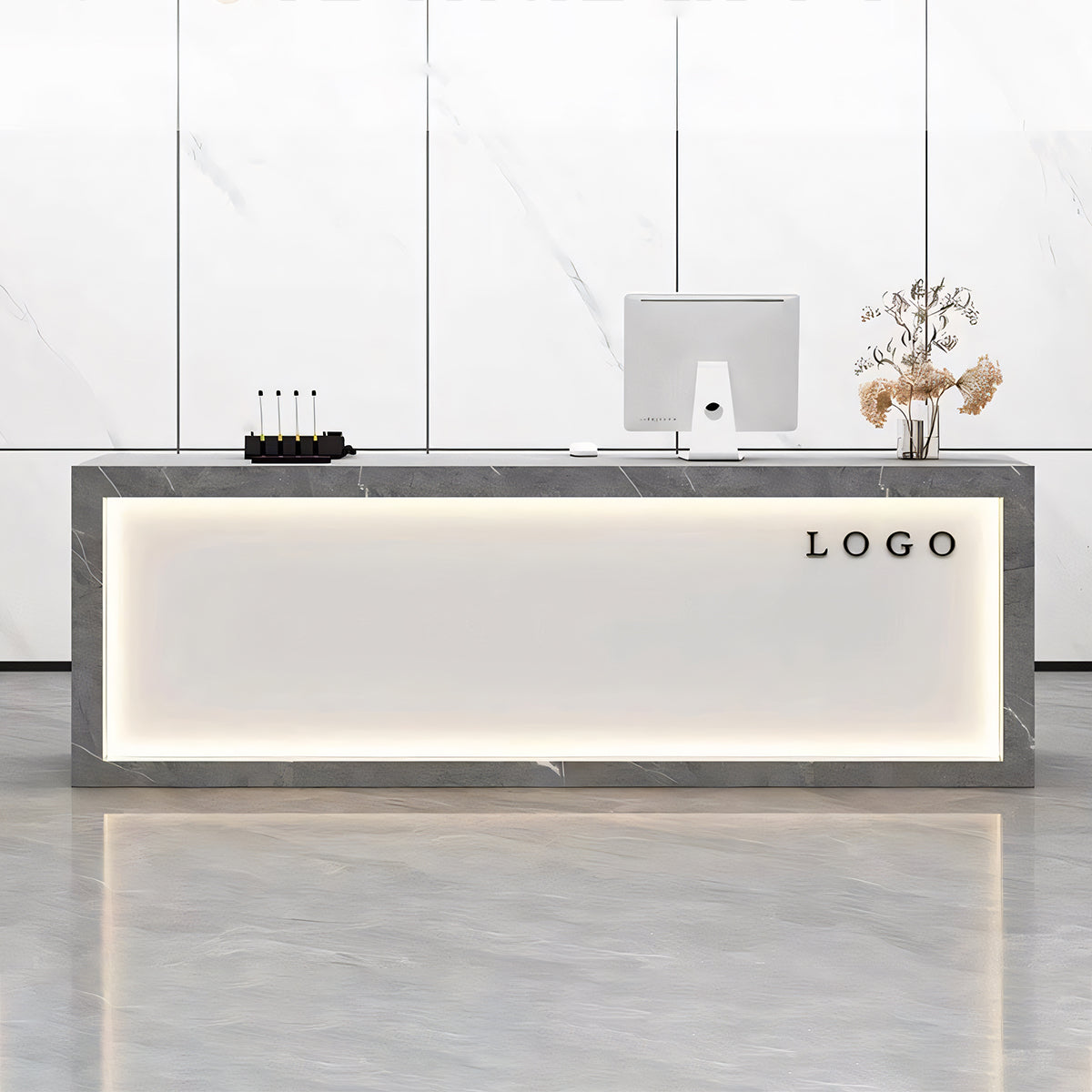 LEDライト付き エコ板材 大理石調 オフィス受付 受付カウンター