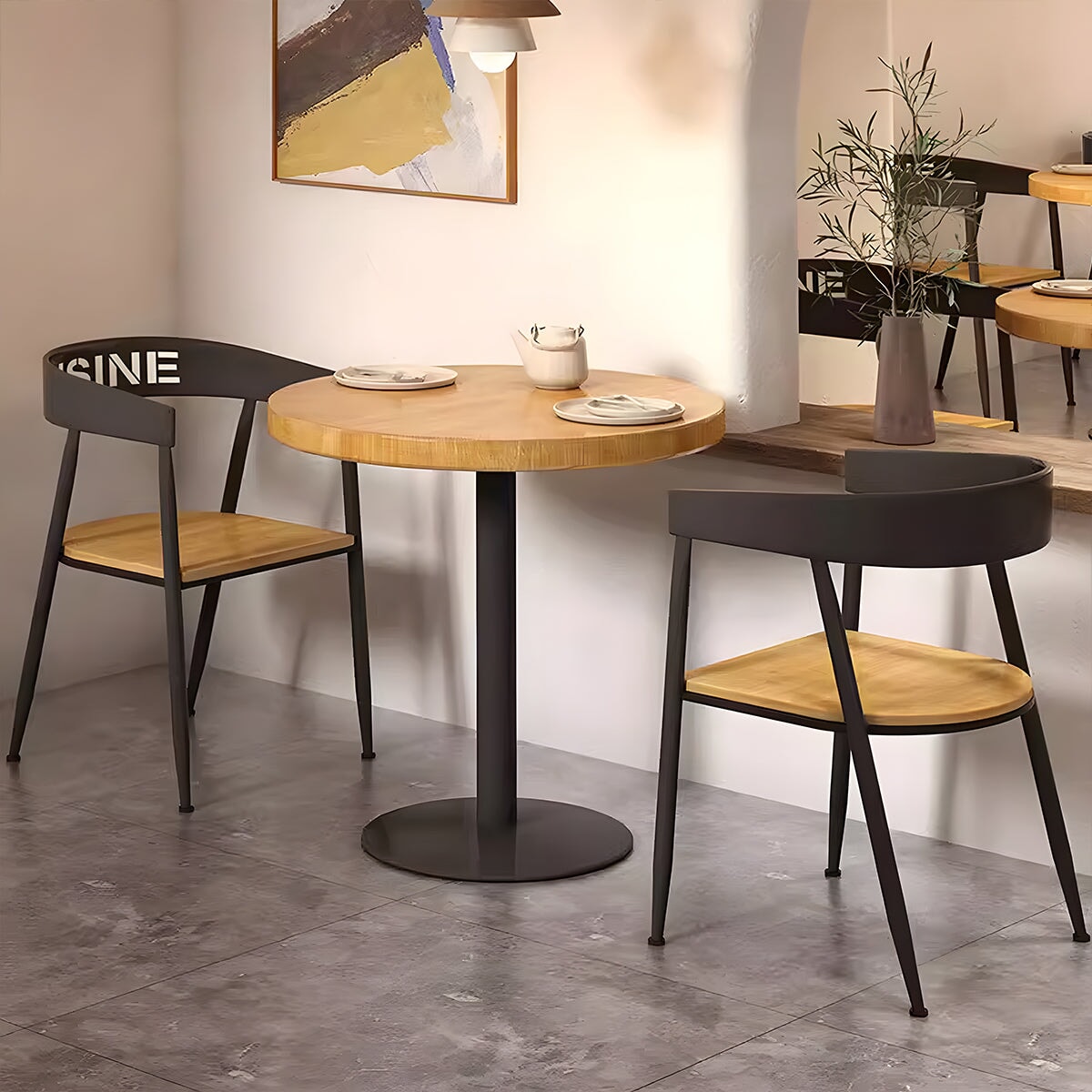 カフェ風応接セット　コーヒーテーブル　店舗用　R仕上げ　円型テーブル　木目調　背もたれ　ベース付き足　ロフア風　ナチュラル　ブラック　カスタマイズ可能　JDZH-032 