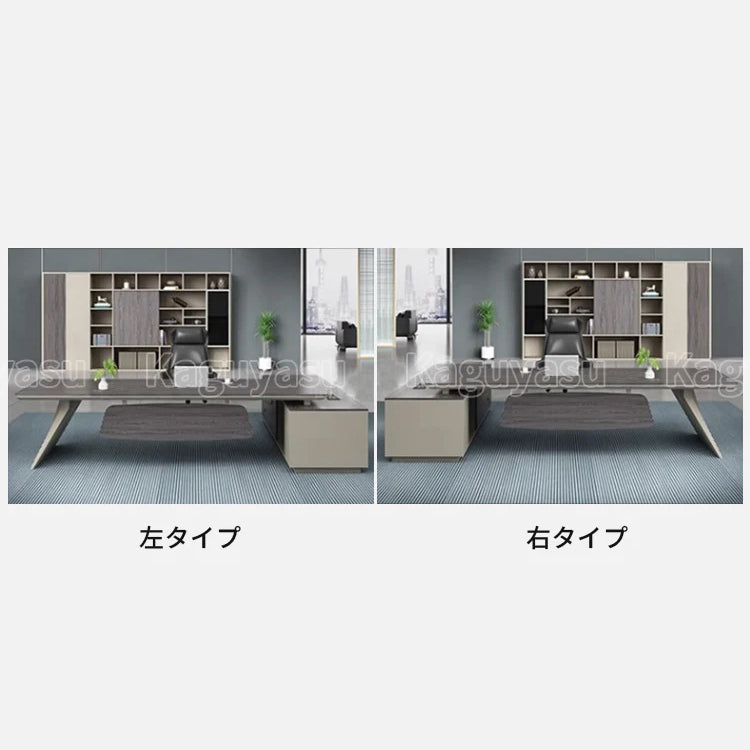 デスク　エグゼクティブ　役員デスク　執務デスク　エコ板材　耐久性　分厚い天板　斜め脚　サイドキャビネット　大容量　通気孔　落ち着き　高級感　グレーウォールナット　LBZ-K-033