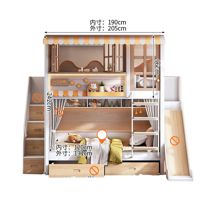 二段ベッド　滑り台付き二段ベッド　無垢材ベッド　キッズベッド　子収納付きベッド　厚手無垢材フレーム　アーチ型滑り台　環境配慮型板材　無垢材フットレスト　安全設計　ピンク　シンプル　SCC-C105