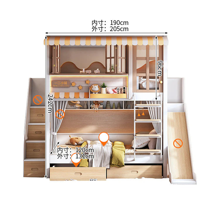 二段ベッド　滑り台付き二段ベッド　無垢材ベッド　キッズベッド　子収納付きベッド　厚手無垢材フレーム　アーチ型滑り台　環境配慮型板材　無垢材フットレスト　安全設計　ピンク　シンプル　SCC-C105