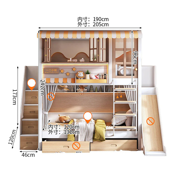 二段ベッド　滑り台付き二段ベッド　無垢材ベッド　キッズベッド　子収納付きベッド　厚手無垢材フレーム　アーチ型滑り台　環境配慮型板材　無垢材フットレスト　安全設計　ピンク　シンプル　SCC-C105
