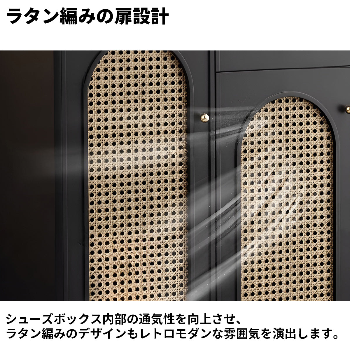 大容量　多段式　分類収納　可動棚板　取り外し可能　ラタン編み　通気孔　引き出し　金属脚　シューズキャビネット　下駄箱　シューズラック　モダン　落ち着き　上品　ブラック　XG-K005