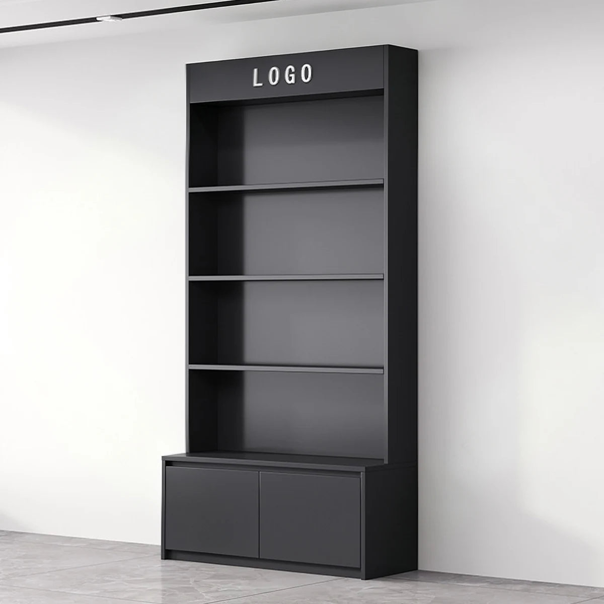 一体型ディスプレイ棚　ブランド展示棚　商品陳列ラック　収納キャビネット　隠し溝取っ手　シンプルモダン　エコ素材　ロゴ刻印スペース　ナチュラ　ブラック　シンプルモダン　カスタマイズ可能　SNG-K045